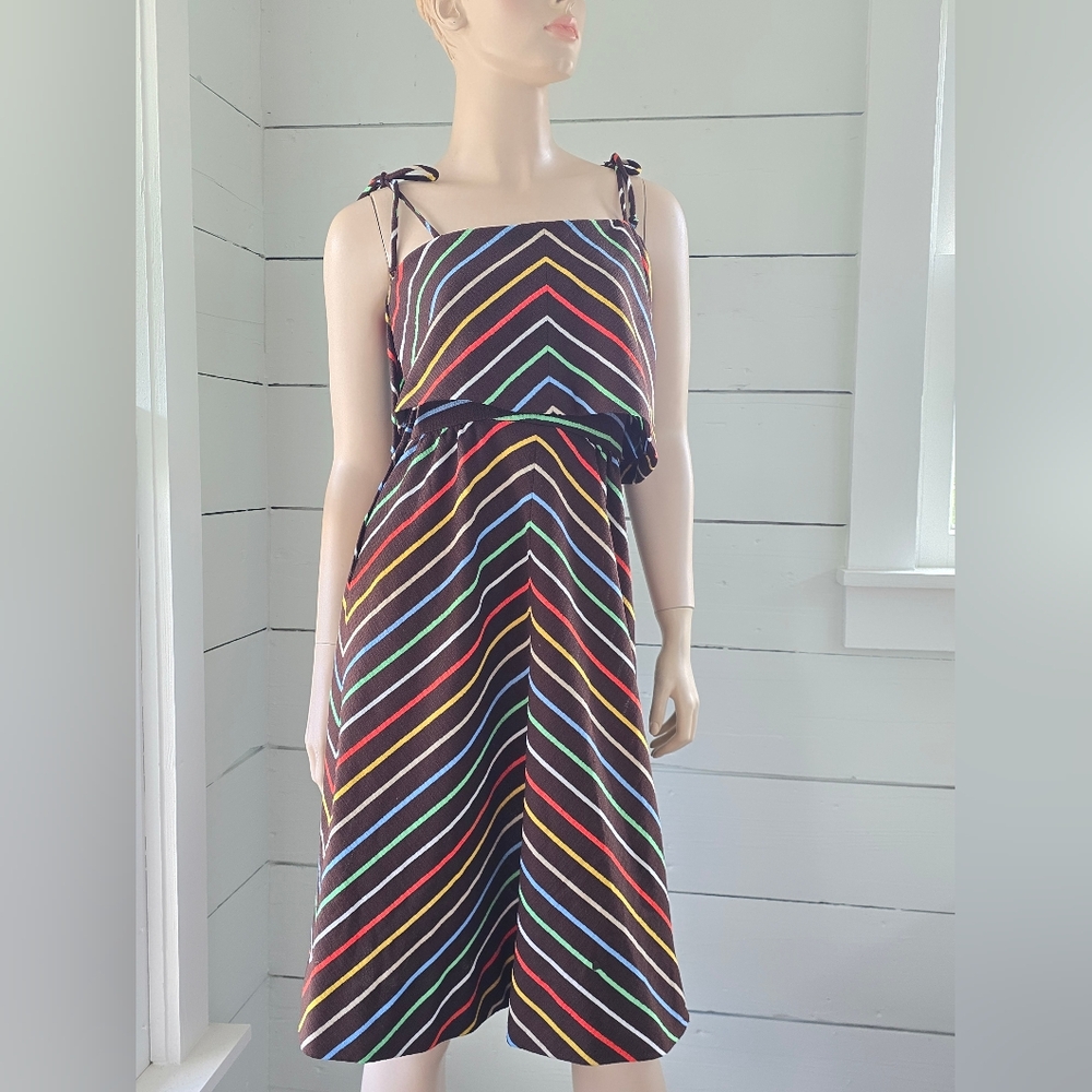 Vntg 70's Nardis Of Dallas Multi Color Striped Asymmetrical women's Day Dress